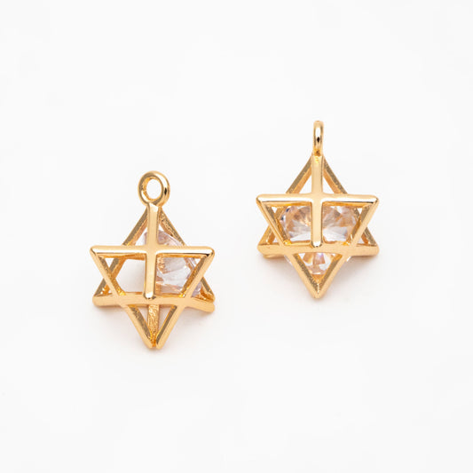 10pcs Gold Geometric Charms 16x13mm, 3D Polygon Cubic Zirconia Pendants, Real Gold plated Brass, Lead Nickel Free (GB-173)