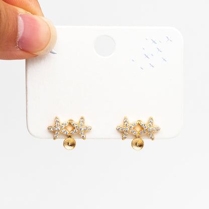 4pcs Gold CZ Pave Flower Earring, Star Earring, Pearl Peg Earring Mounts,Half Drilled Pearl Post Earring Settings (#GB-4276)