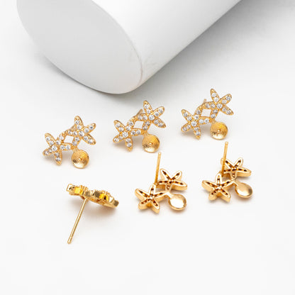 4pcs Gold CZ Pave Flower Earring, Star Earring, Pearl Peg Earring Mounts,Half Drilled Pearl Post Earring Settings (#GB-4276)