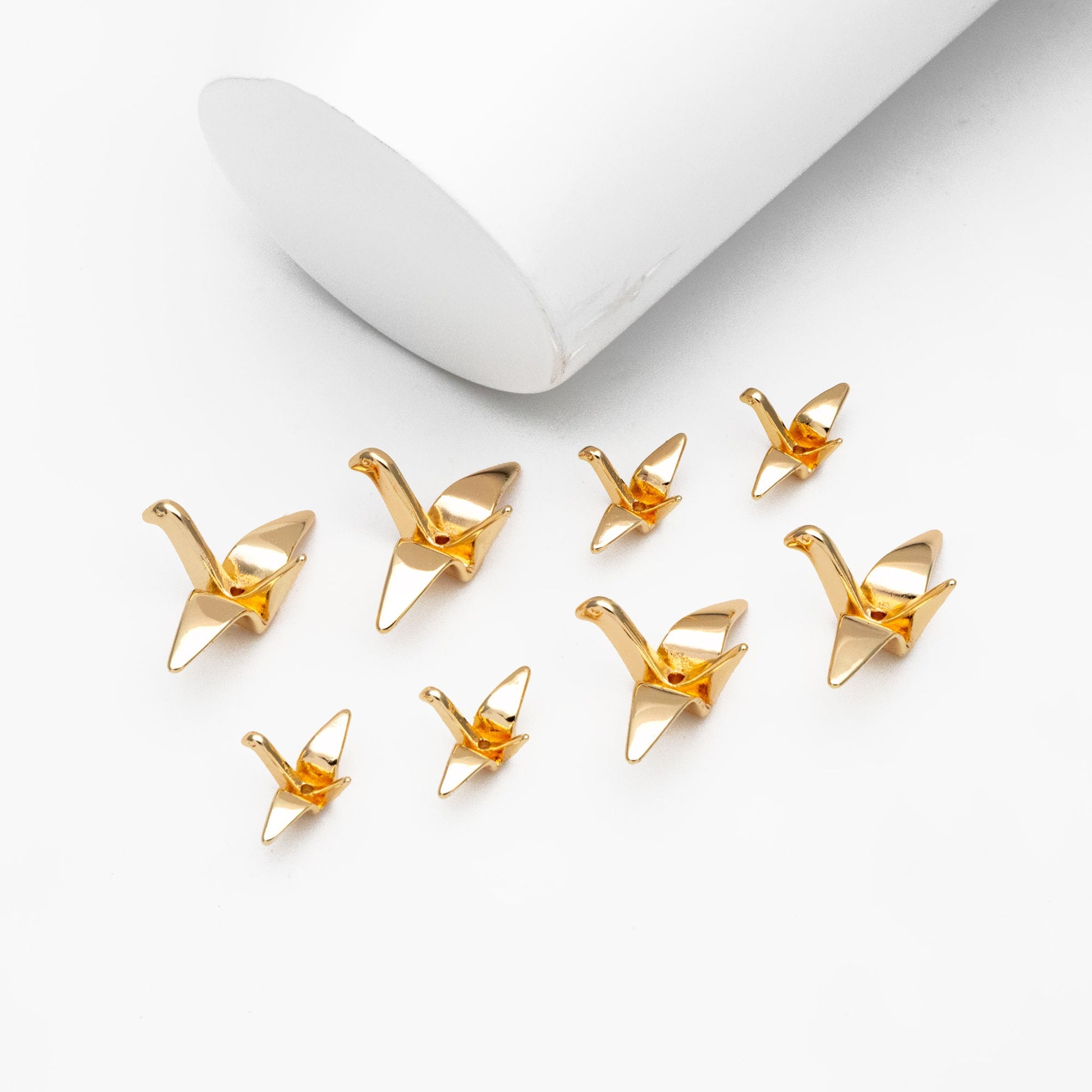 10pcs Origami Paper Crane Charms, Real Gold plated Brass Bird Beads 14/24mm, with A Hole Drilled Through (GB-072)