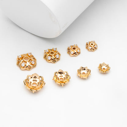 10pcs Gold/ Silver tone Floral Bead Caps 6/ 7/ 8/ 10mm, 18K Real Gold/ Rhodium plated Brass, CZ pave Flower Cap Ends (GB-090)