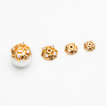 10pcs Gold/ Silver tone Floral Bead Caps 6/ 7/ 8/ 10mm, 18K Real Gold/ Rhodium plated Brass, CZ pave Flower Cap Ends (GB-090)
