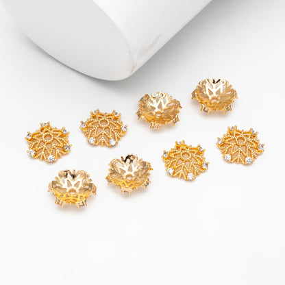 10pcs Gold Micro CZ Pave Bead Caps 11mm , Gold plated Brass Flower Cap Ends, Lead Nickel Free (GB-091)