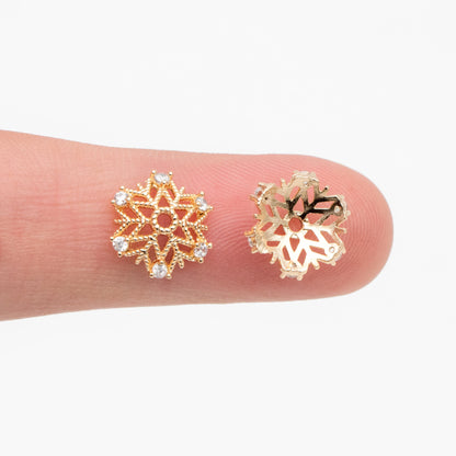 10pcs Gold Micro CZ Pave Bead Caps 11mm , Gold plated Brass Flower Cap Ends, Lead Nickel Free (GB-091)