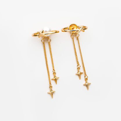 4pcs Gold Saturn Star Earring, Pearl Earring Mounts, Half Drilled Pearls Earring Settings (#GB-2942)