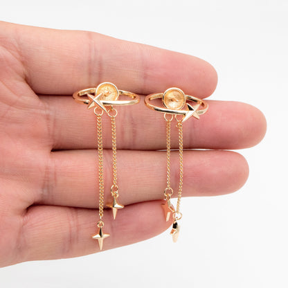 4pcs Gold Saturn Star Earring, Pearl Earring Mounts, Half Drilled Pearls Earring Settings (#GB-2942)