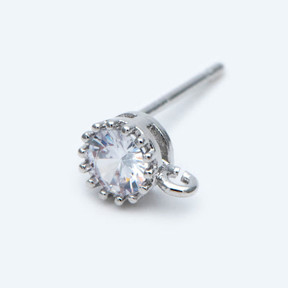 10pcs CZ Pave Gold/ Silver Ear Posts 5mm with Loops, 18K Gold/ Rhodium Plated Brass Stud Earrings (#GB-803)