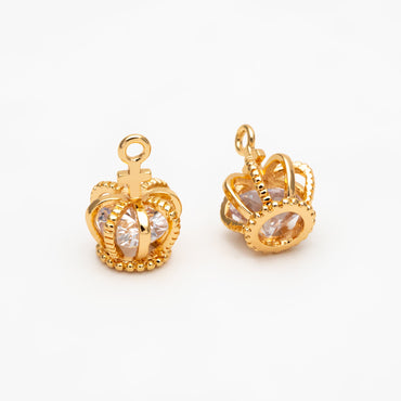 4pcs Gold Crown Charms with CZ Diamond, Real Gold plated Brass Crown Pendants 15x11mm, Lead Nickel Free (GB-187)