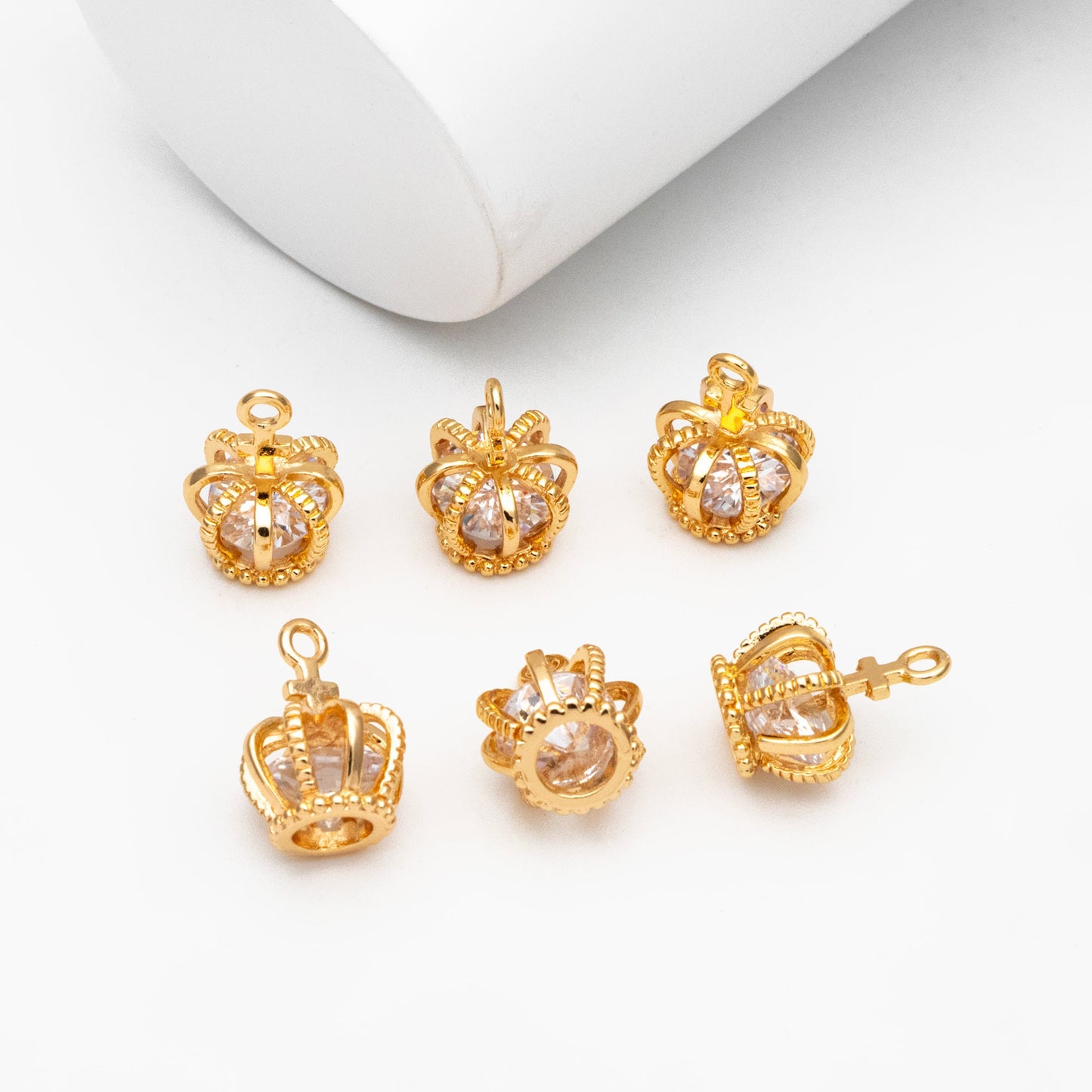 4pcs Gold Crown Charms with CZ Diamond, Real Gold plated Brass Crown Pendants 15x11mm, Lead Nickel Free (GB-187)