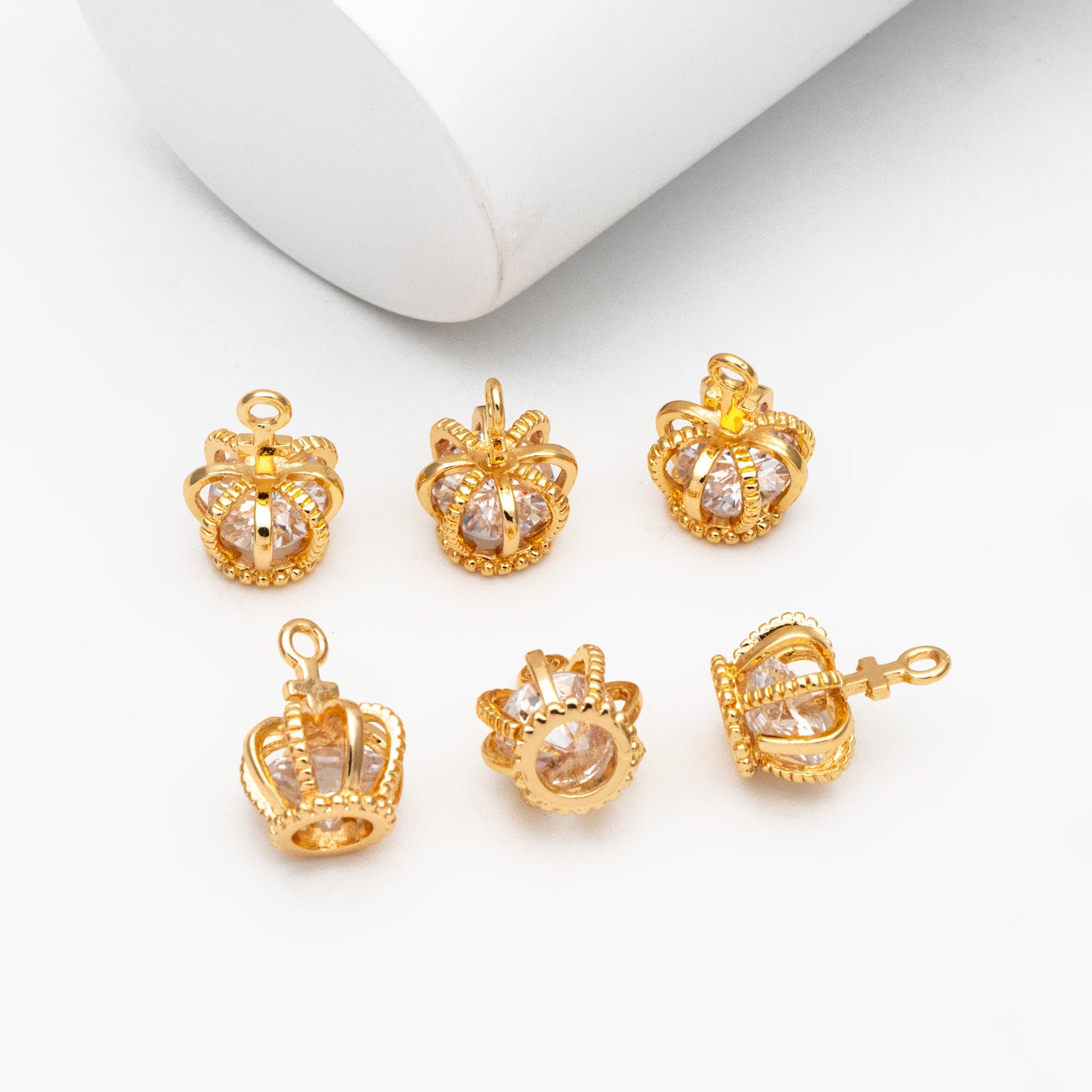 4pcs Gold Crown Charms with CZ Diamond, Real Gold plated Brass Crown Pendants 15x11mm, Lead Nickel Free (GB-187)