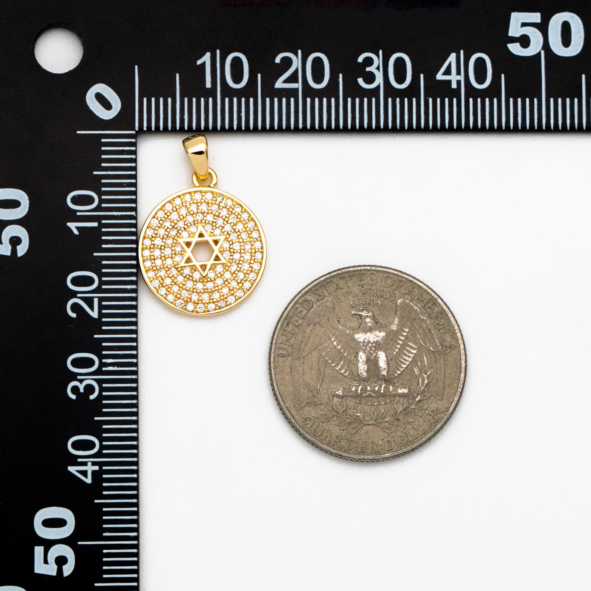 2pcs CZ Micro Pave Gold Round Charms 16x22mm, Hexagram Pattern Coin Necklace Pendants (GB-188)