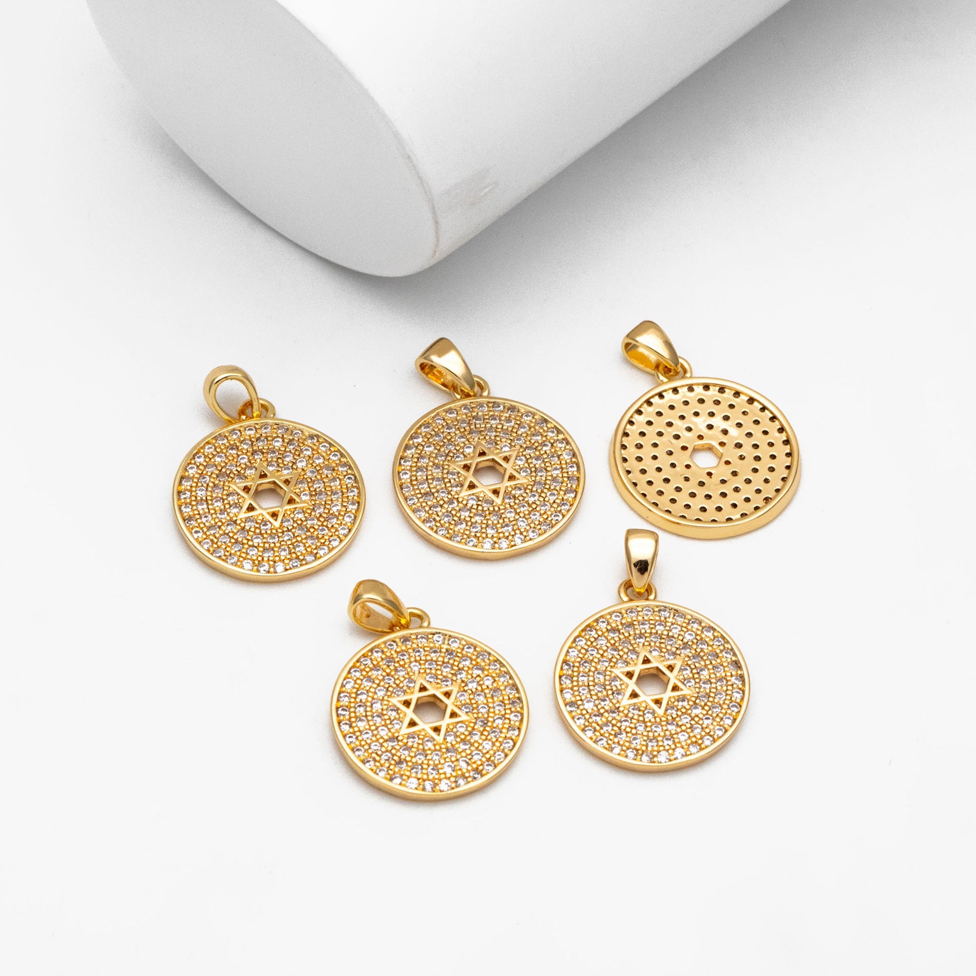2pcs CZ Micro Pave Gold Round Charms 16x22mm, Hexagram Pattern Coin Necklace Pendants (GB-188)