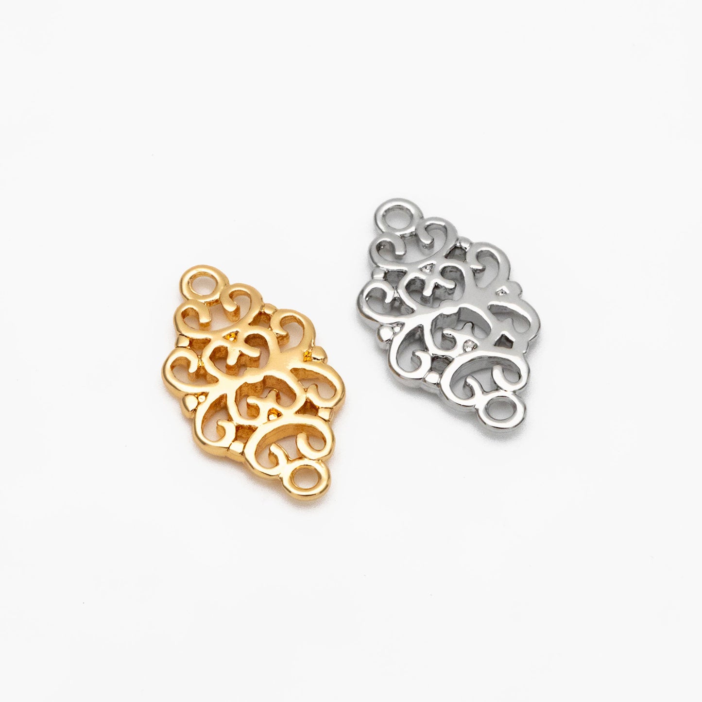10pcs Gold /Silver Filigree Charms 17mm, Real Gold/ Rhodium plated Brass Floral Connectors with Loops (GB-191)