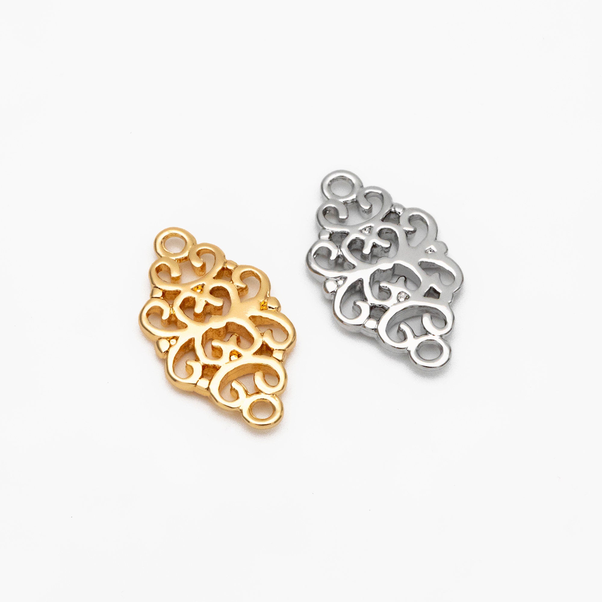 10pcs Gold /Silver Filigree Charms 17mm, Real Gold/ Rhodium plated Brass Floral Connectors with Loops (GB-191)
