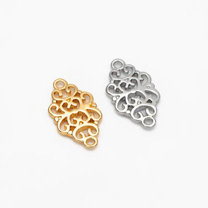 10pcs Gold /Silver Filigree Charms 17mm, Real Gold/ Rhodium plated Brass Floral Connectors with Loops (GB-191)