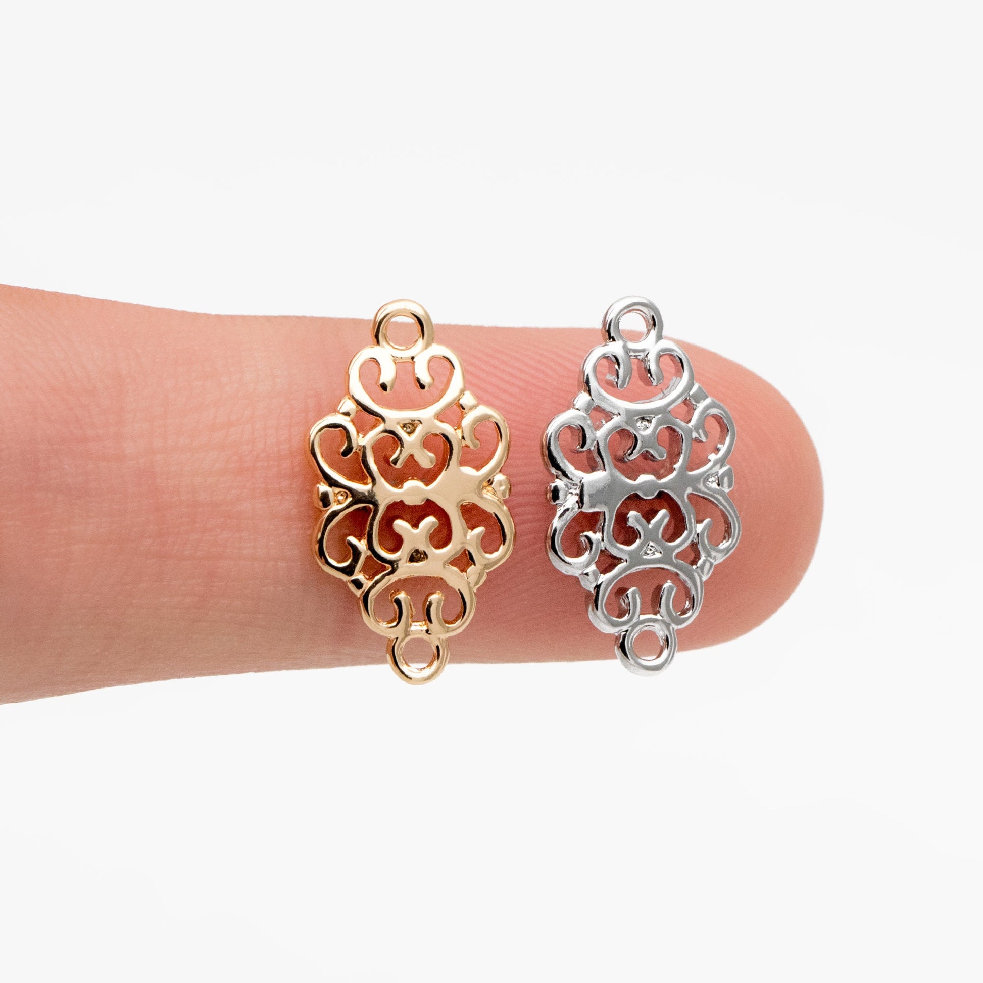 10pcs Gold /Silver Filigree Charms 17mm, Real Gold/ Rhodium plated Brass Floral Connectors with Loops (GB-191)