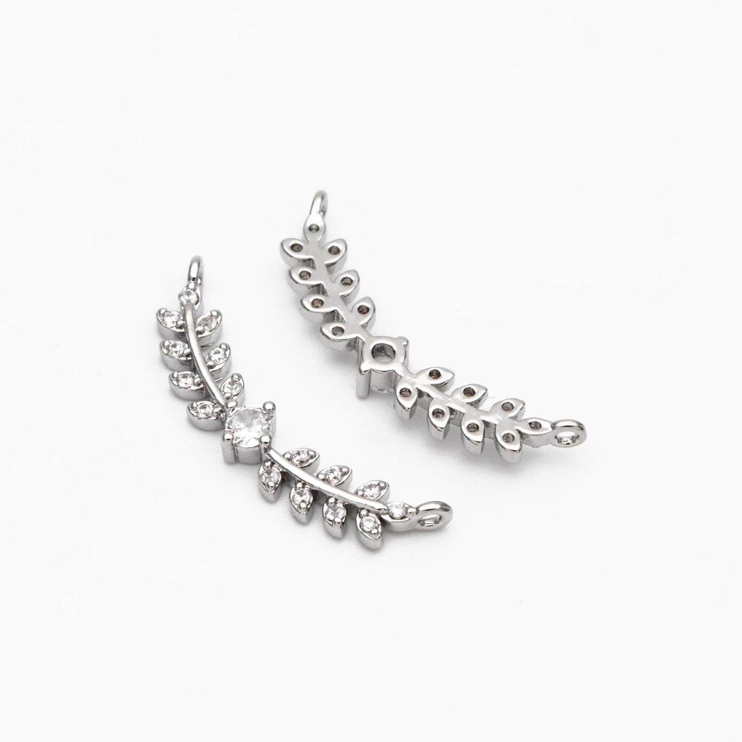 4pcs CZ Pave Gold/ Silver Leaf Charm Connector 26x9mm, Gold/ Rhodium plated Brass, Cubic Zirconia Setting Diy Supplies (#GB-3669-C)