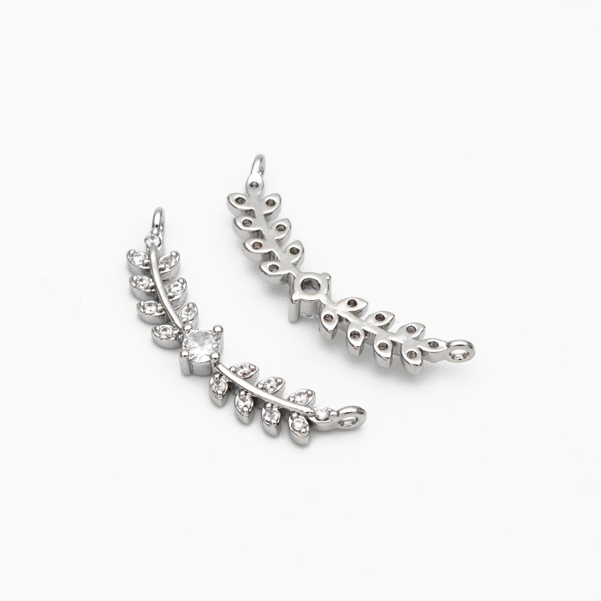 4pcs CZ Pave Gold/ Silver Leaf Charm Connector 26x9mm, Gold/ Rhodium plated Brass, Cubic Zirconia Setting Diy Supplies (#GB-3669-C)