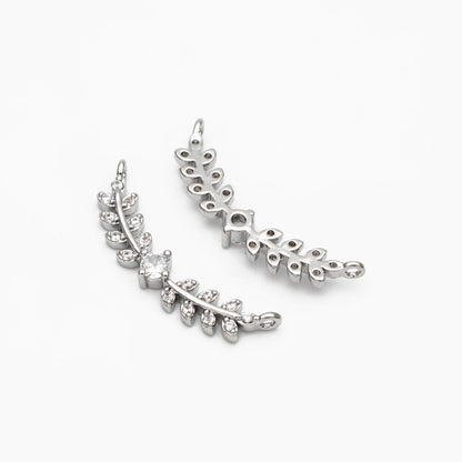4pcs CZ Pave Gold/ Silver Leaf Charm Connector 26x9mm, Gold/ Rhodium plated Brass, Cubic Zirconia Setting Diy Supplies (#GB-3669-C)