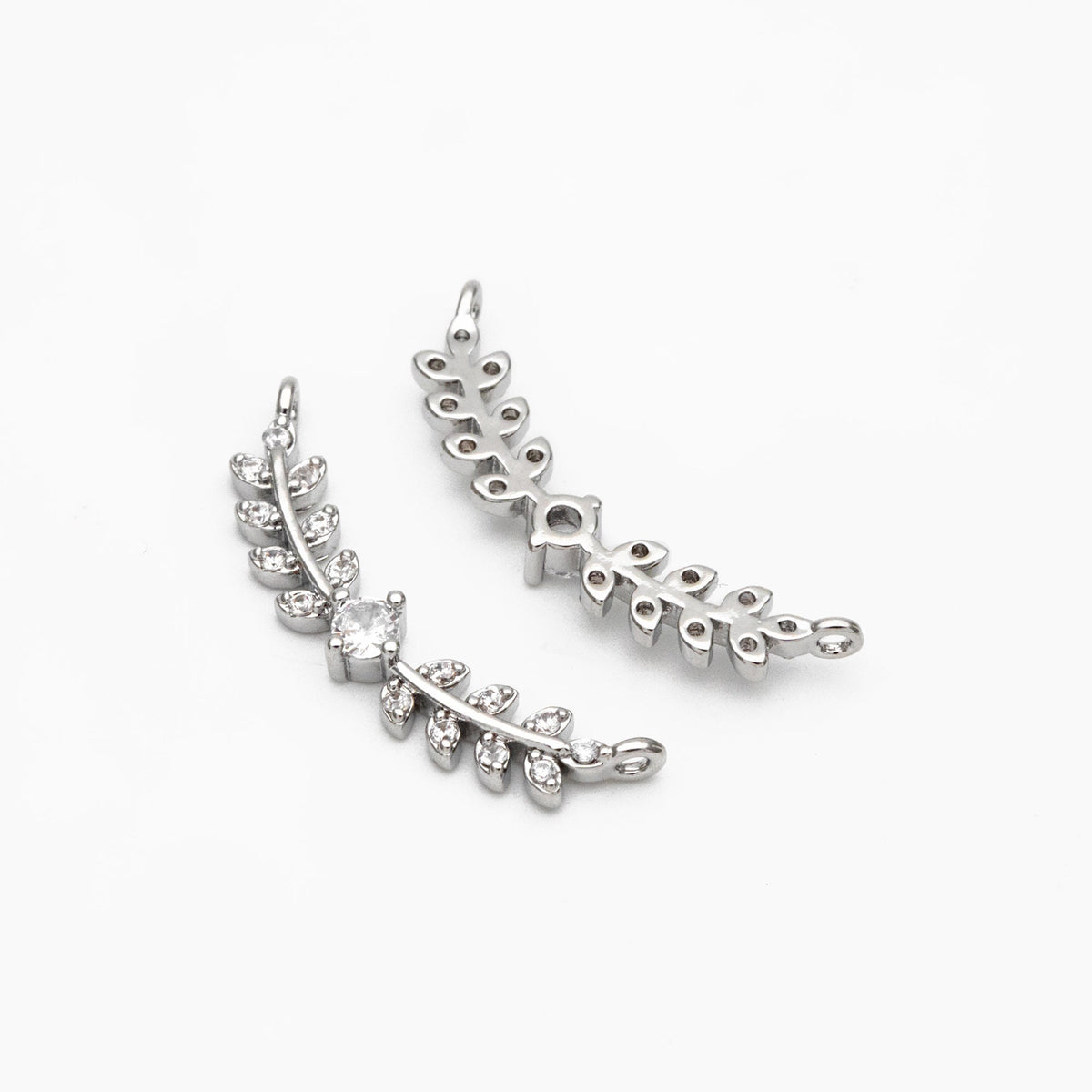 4pcs CZ Pave Gold/ Silver Leaf Charm Connector 26x9mm, Gold/ Rhodium plated Brass, Cubic Zirconia Setting Diy Supplies (#GB-3669-C)