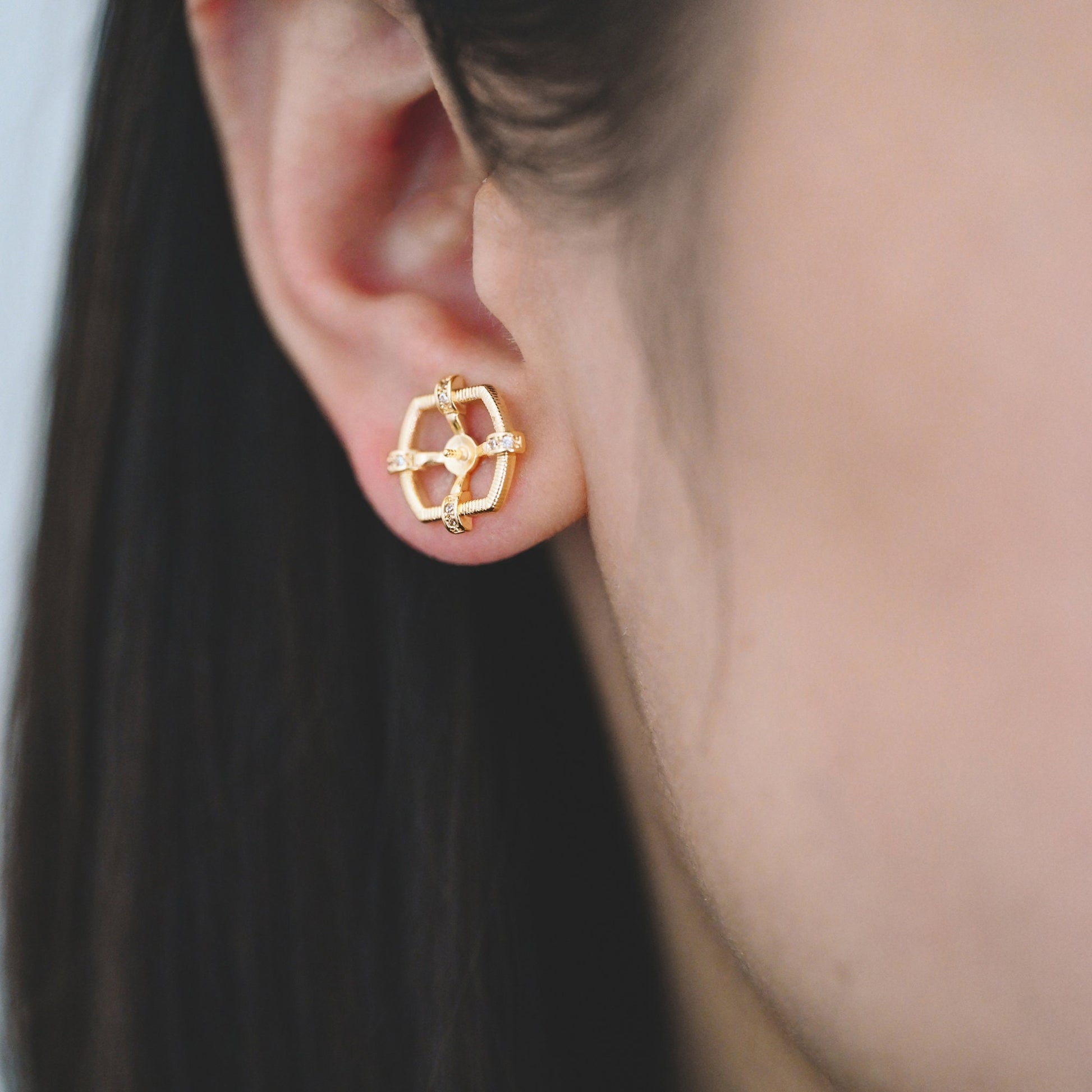 4pcs CZ Pave Gold Earring Posts, Dainty Geometric Stud Earrings, Pearl Peg Earring Mounts, Half Drilled Pearl Earring Settings (#GB-3853)