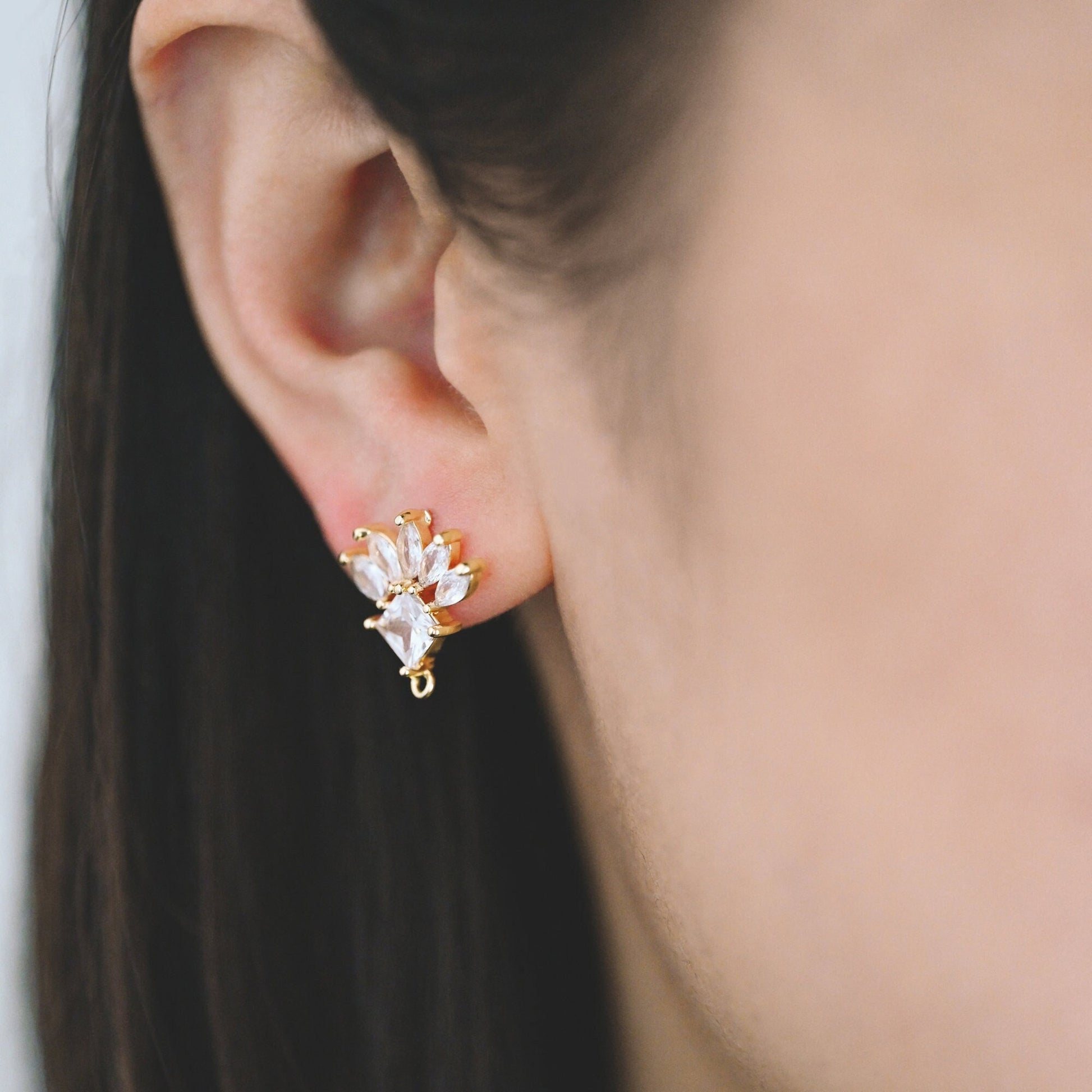 4pcs CZ Pave Rhombus Earrings with Loop, 18K Gold plated Brass Ear Posts, Geometric Earring Findings (#GB-3858)