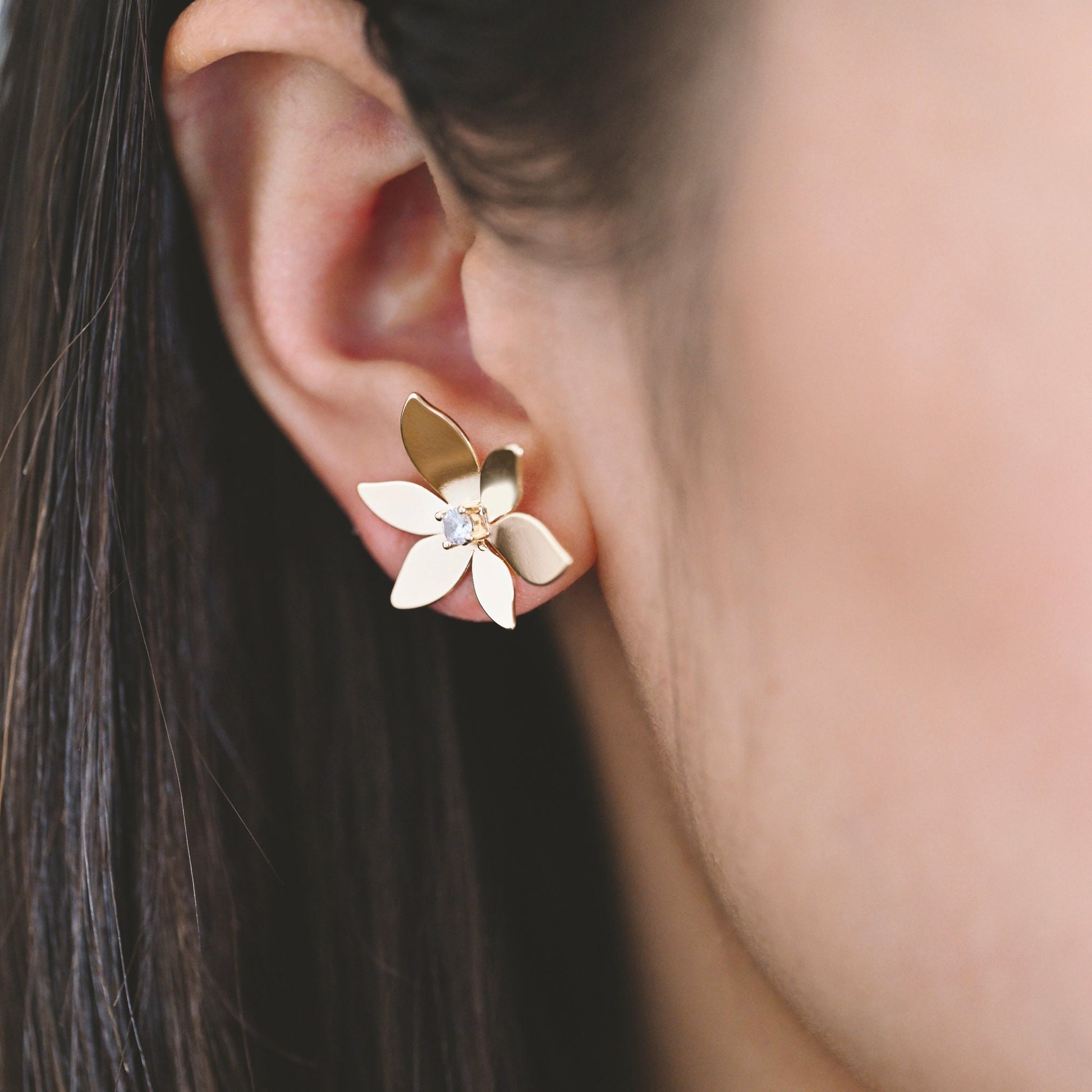 4pcs CZ Pave Gold Flower Ear Posts, Gold Plated Brass Stud Earrings, Dainty Flower Earrings (GB-3875)