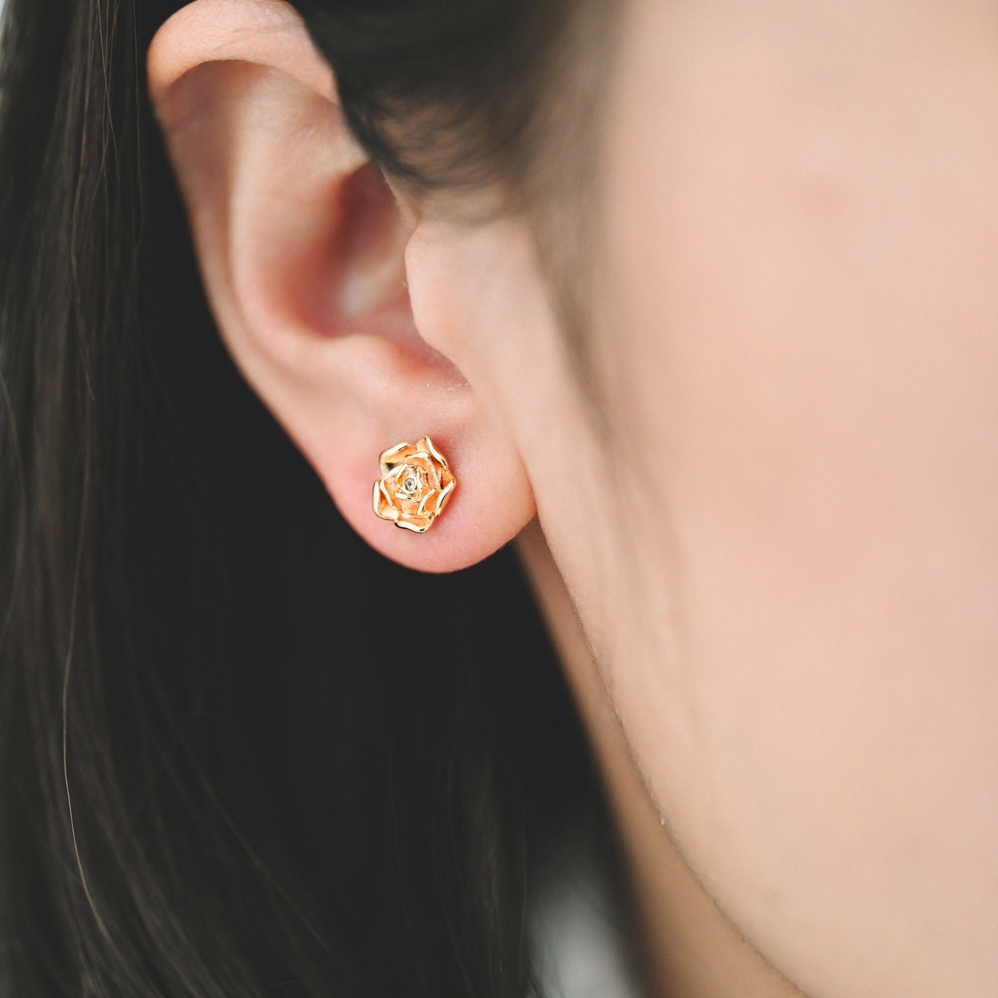 10pcs CZ Pave Gold/ Silver Rose Ear Post with Loop, 9mm, Gold/ Rhodium Plated Brass Flower Stud Earrings, DIY Ear Findings (GB-3743)