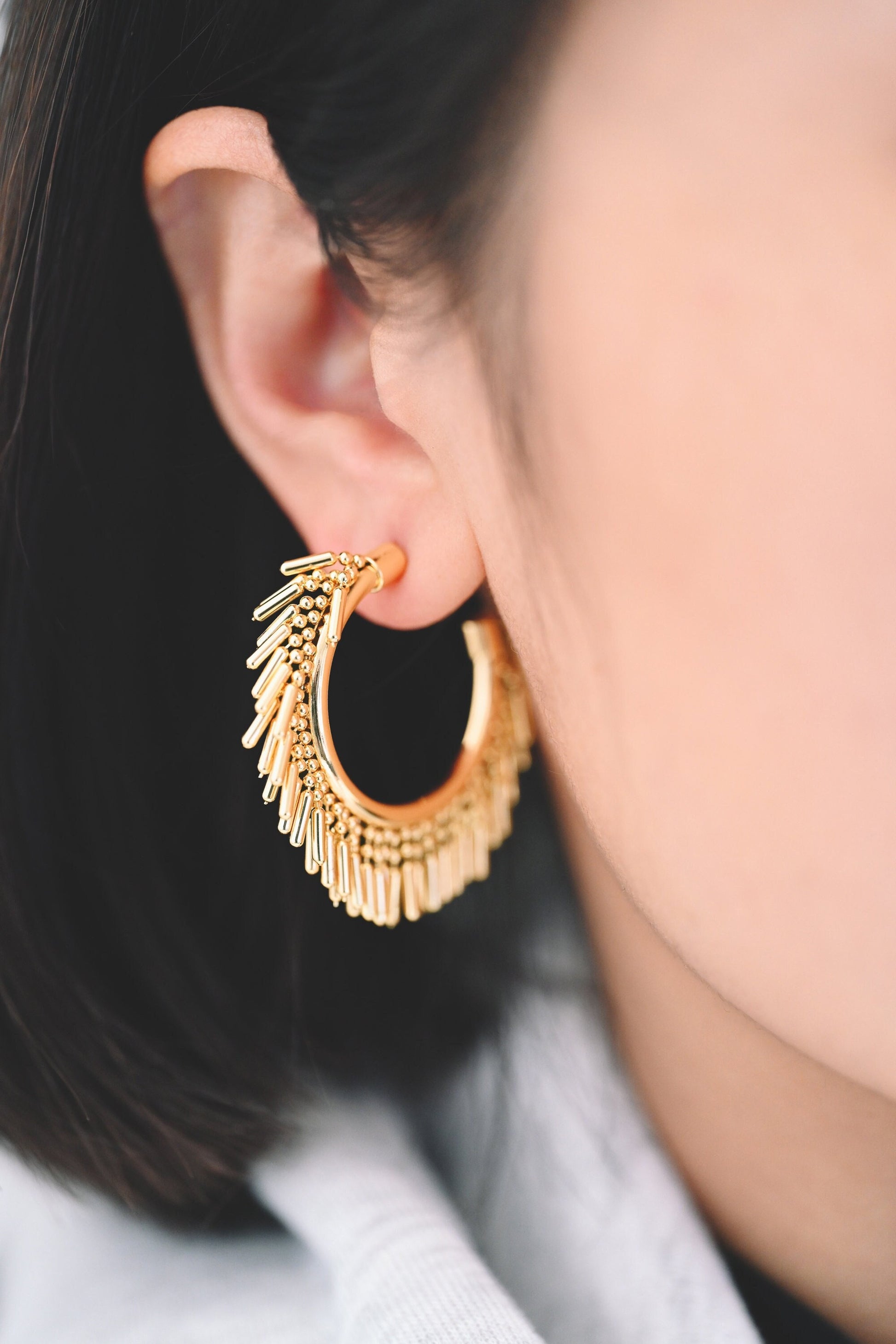 4pcs Gold Tassel Hoop Stud Earrings 40mm, Gold Plated Brass, Round Circle Earrings (#GB-3804)