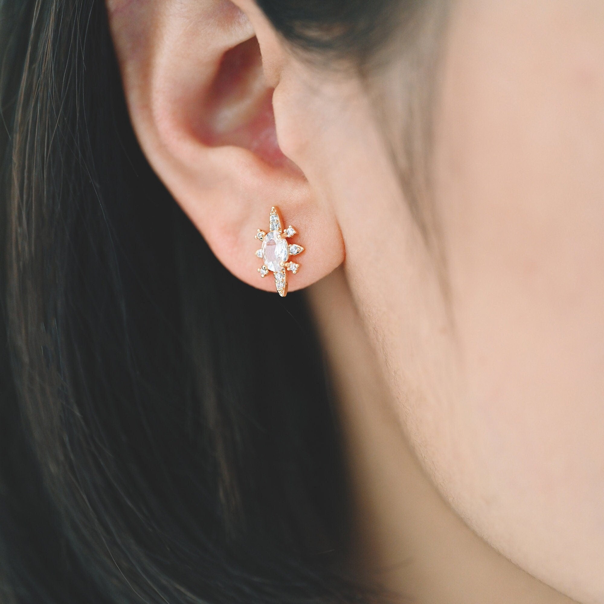 4pcs CZ Pave Gold Oval Ear Posts, Gold Plated Brass, Dainty Stud Earrings, DIY Earring Findings (#GB-3829)