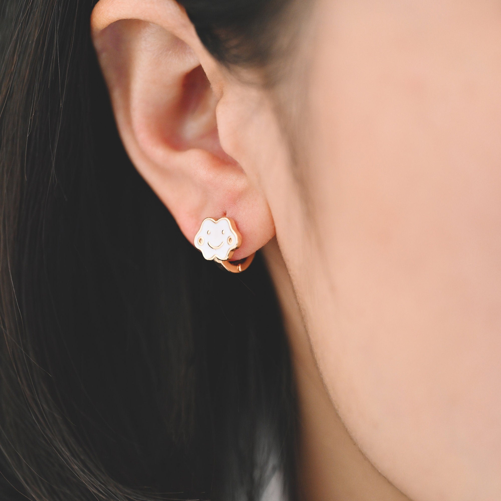 4pcs Gold Enamel Smile Cloud Hoop Earrings, 18K Gold plated Brass, Minimalist Huggie Earrings (GB-3839-E)