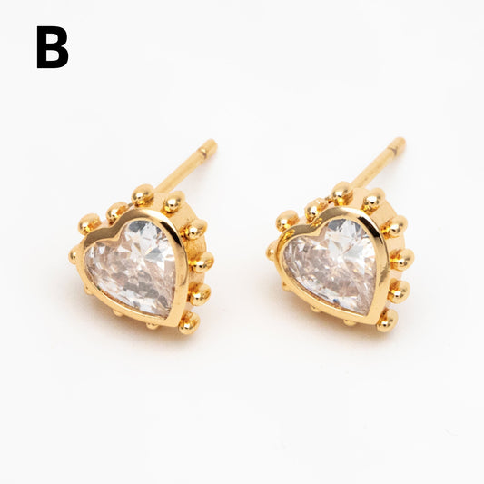 4pcs CZ Pave Gold Teardrop/ Heart/ Rectangle Earrings, 18K Gold Plated Brass, Dainty Geometric Stud Earrings (GB-4255)