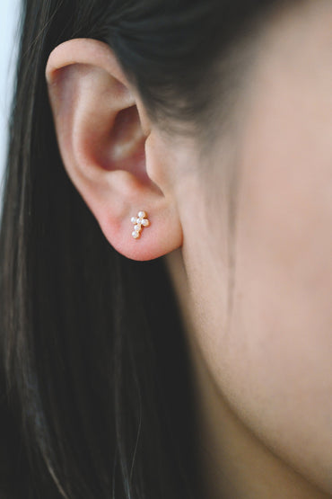 10pcs Faux Pearl Pave Gold Cross Earrings, Gold Plated Brass Small Cross Stud Earring (#GB-4063)