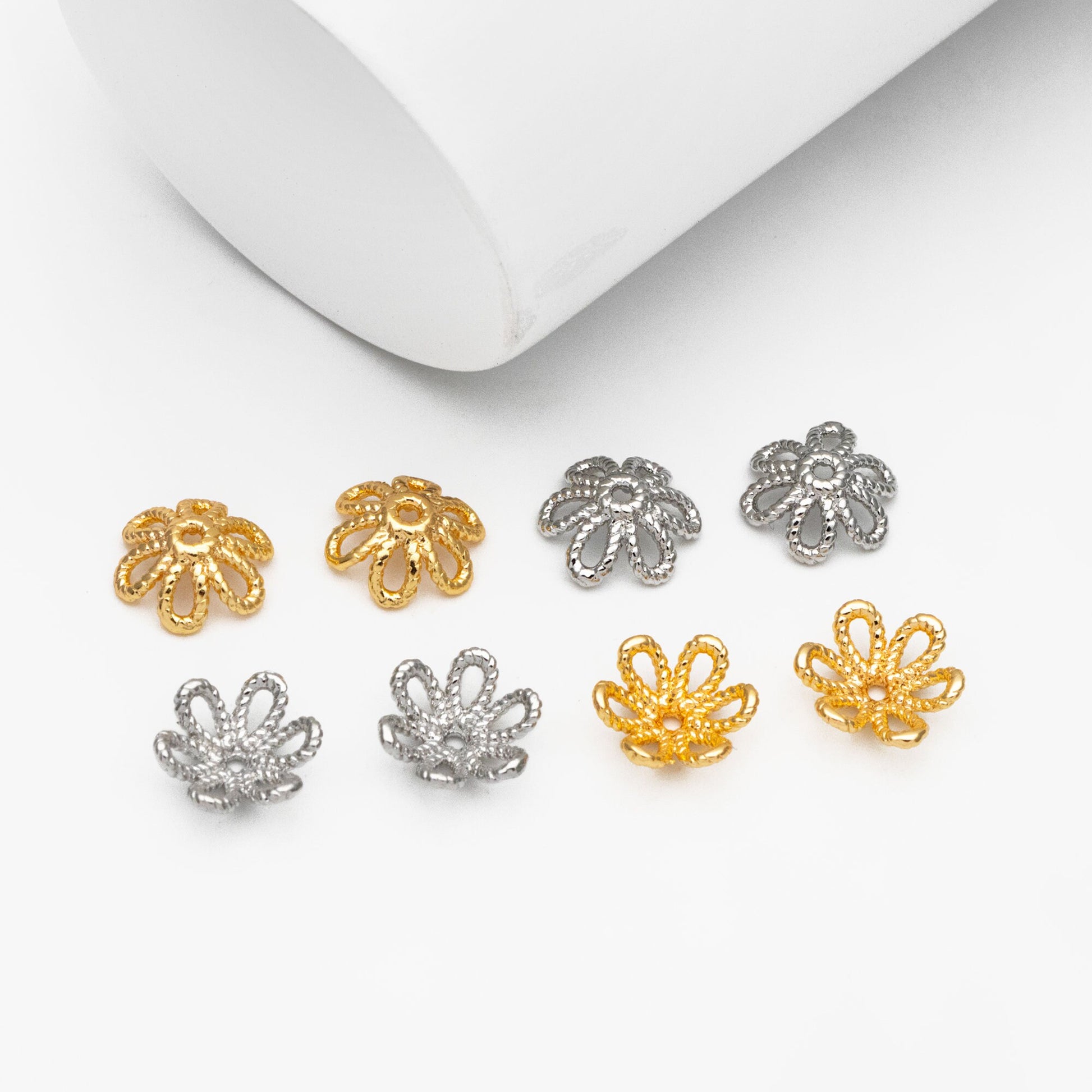 20pcs Gold/ Silver Floral Bead Caps 10mm, Fit 12mm Beads, Real Gold/ Rhodium plated Brass, Lead Nickel Free (GB-196)