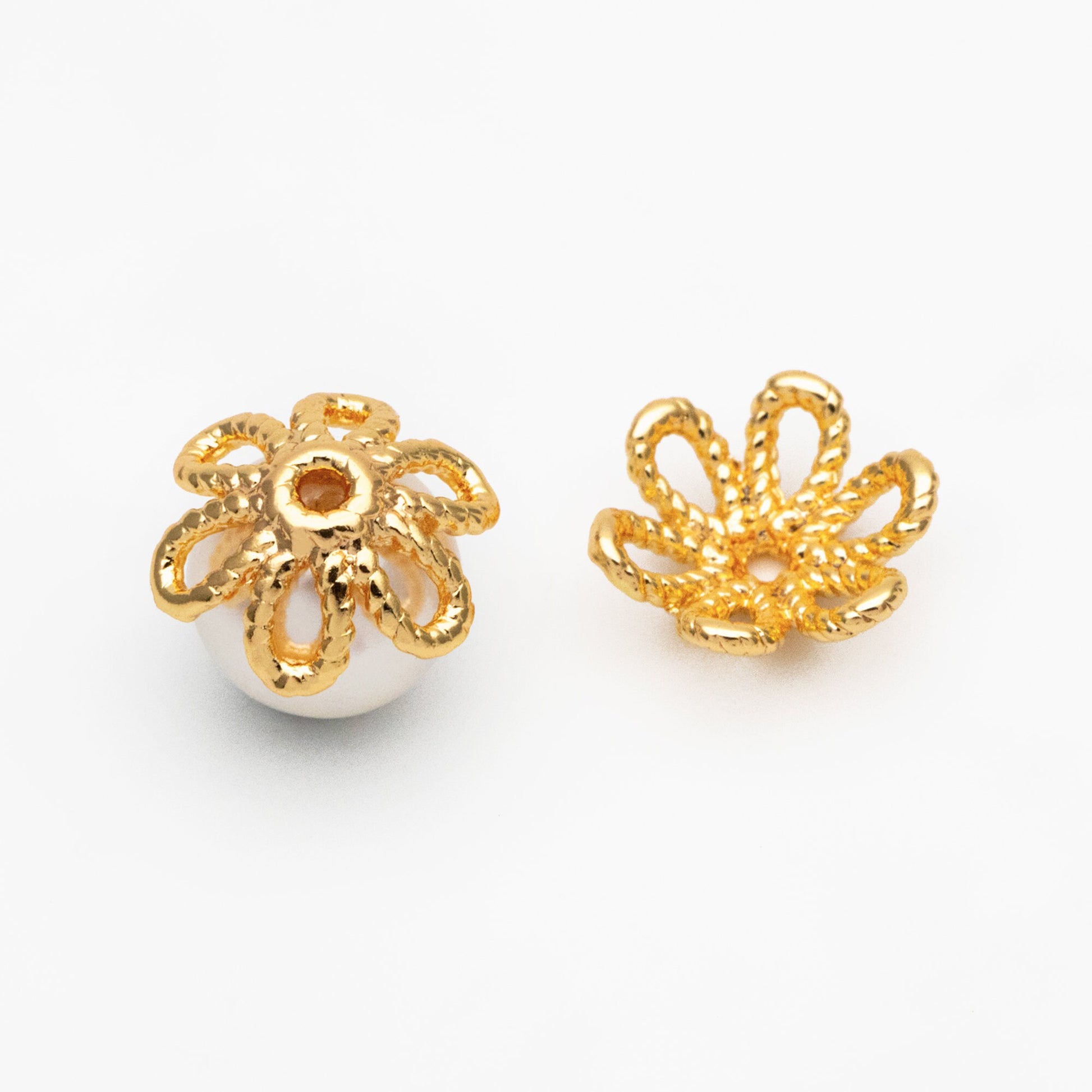 20pcs Gold/ Silver Floral Bead Caps 10mm, Fit 12mm Beads, Real Gold/ Rhodium plated Brass, Lead Nickel Free (GB-196)