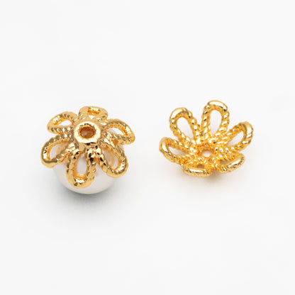 20pcs Gold/ Silver Floral Bead Caps 10mm, Fit 12mm Beads, Real Gold/ Rhodium plated Brass, Lead Nickel Free (GB-196)