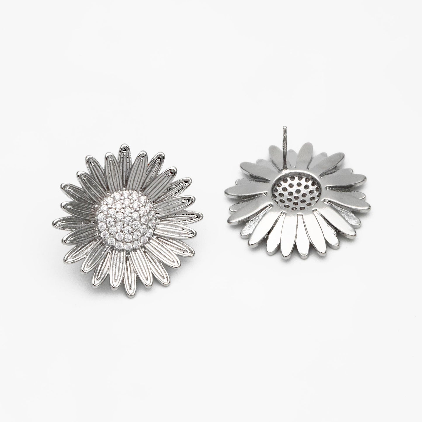 4pcs CZ Pave Gold/ Silver Sunflower Earrings, 25mm, Gold/ Rhodium Plated Brass Flower Stud Earrings (GB-4204)