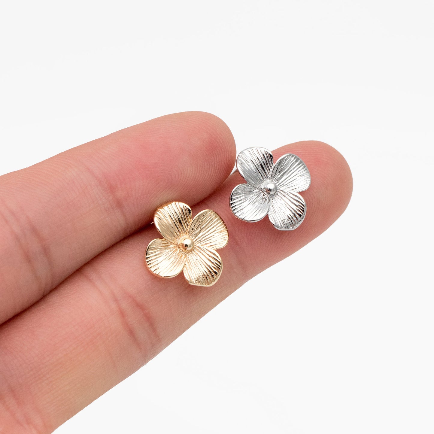 10pcs Gold/ Silver Flower Earring with Loop, 14mm, 18K Gold/ Rhodium plated Brass Floral Stud Earrings (GB-4278)