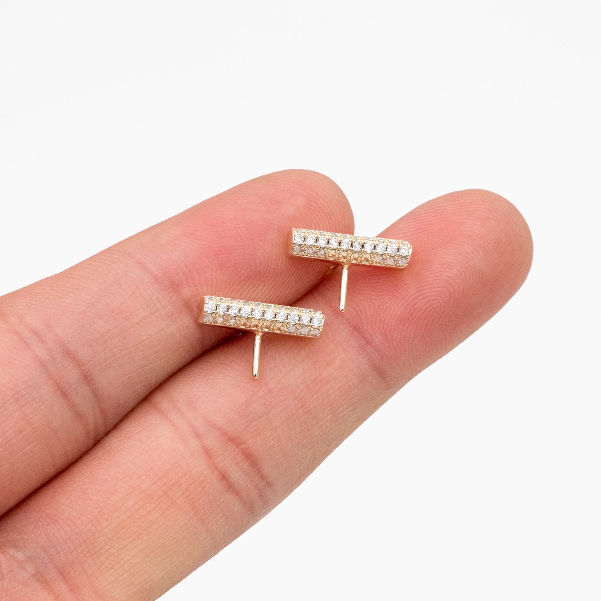 4pcs CZ Pave Gold Bar Earrings, Pearl Earring Mounts, Half Drilled Pearls Earring Settings (GB-4279)