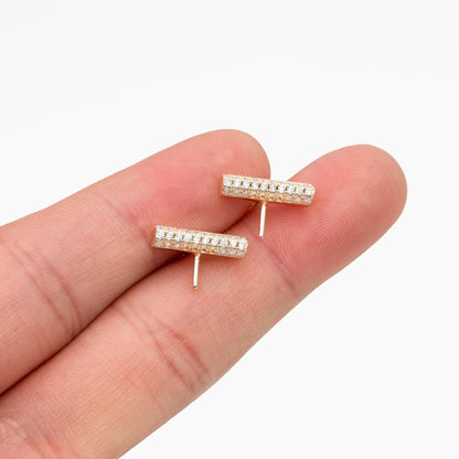 4pcs CZ Pave Gold Bar Earrings, Pearl Earring Mounts, Half Drilled Pearls Earring Settings (GB-4279)
