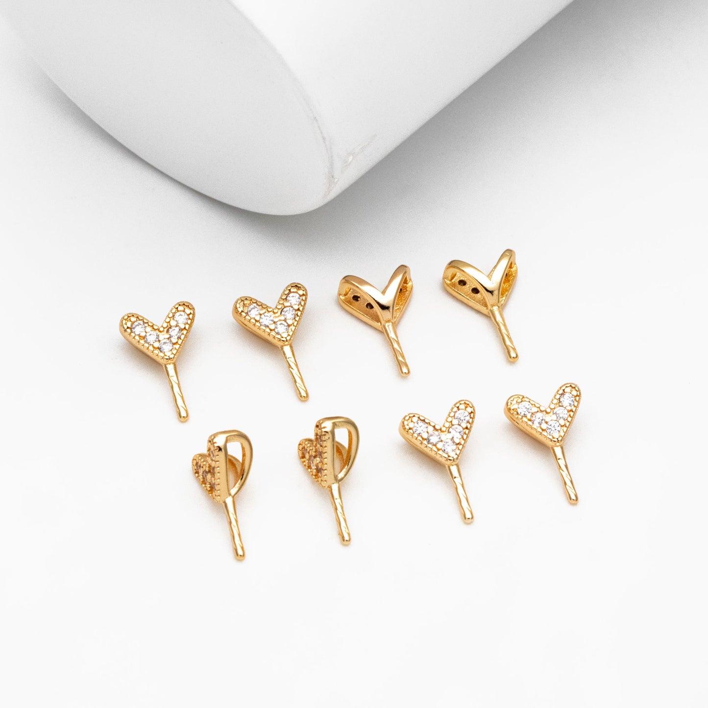 10pcs CZ Pave Gold Heart Bail, Real Gold plated Brass, Peg For Half Drilled Pearl Mounts, Peg Pearl Findings (GB-4280)
