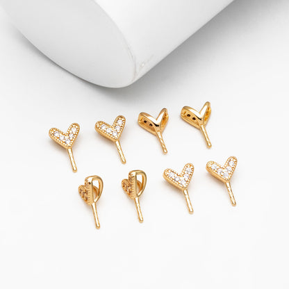 10pcs CZ Pave Gold Heart Bail, Real Gold plated Brass, Peg For Half Drilled Pearl Mounts, Peg Pearl Findings (GB-4280)