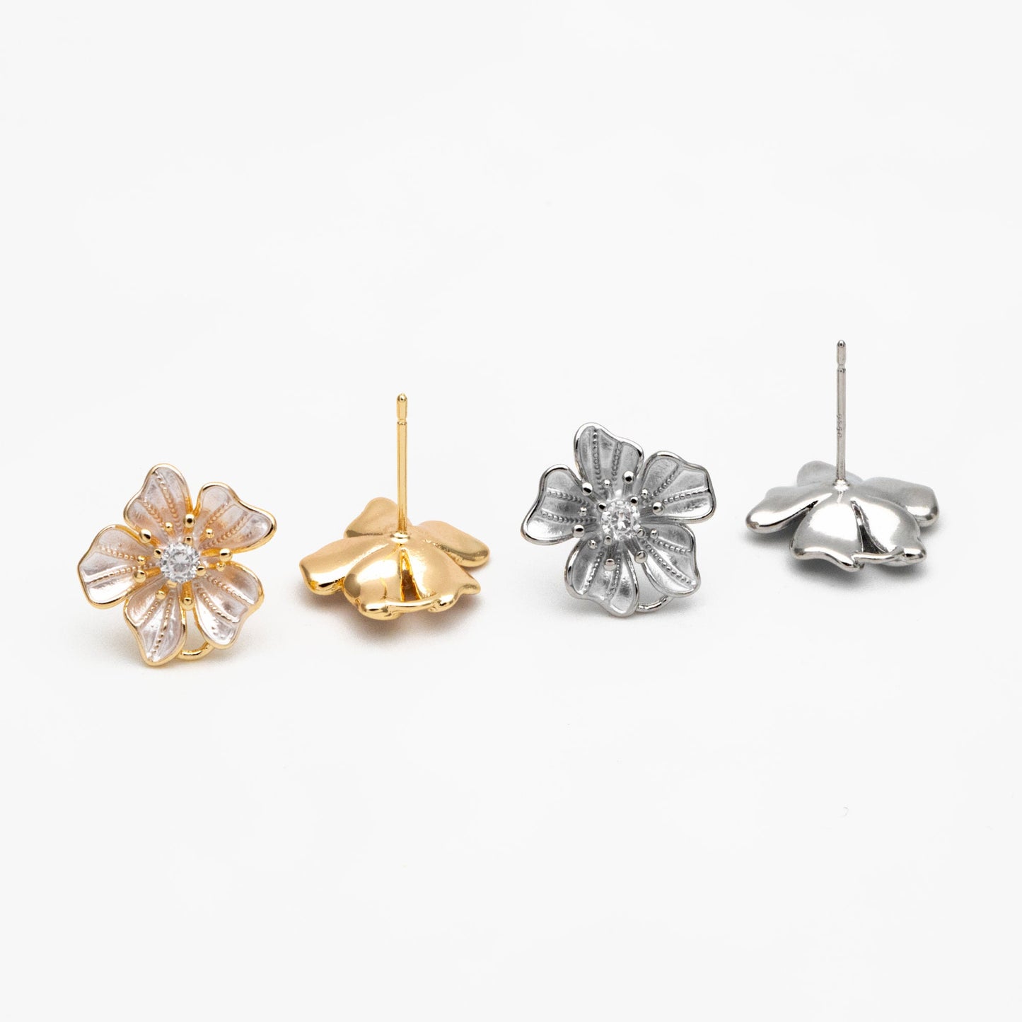 4pcs Gold/ Silver Tone Flower Earring with Loop, Gold/ Rhodium plated Brass, Floral Stud Earrings (GB-4282)
