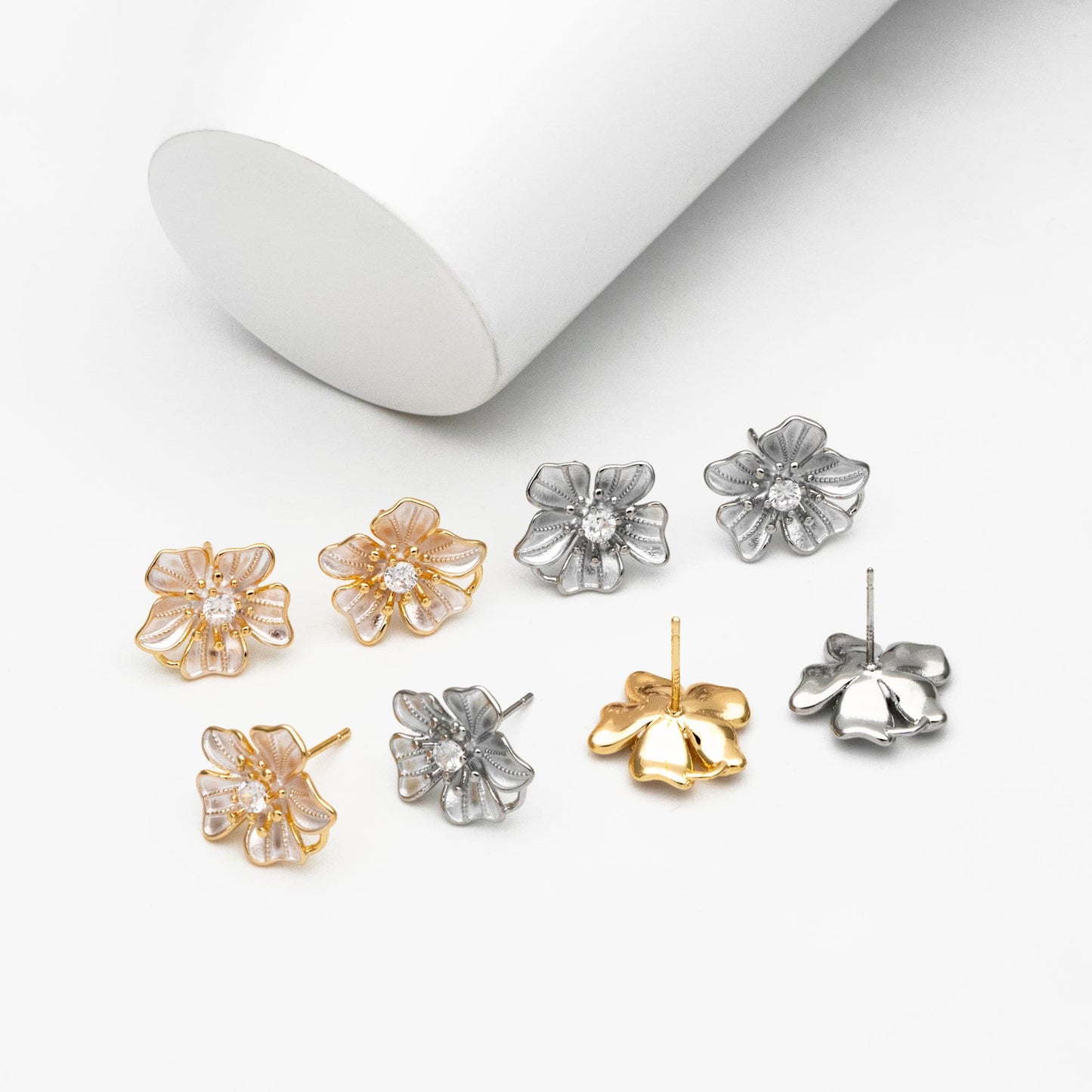 4pcs Gold/ Silver Tone Flower Earring with Loop, Gold/ Rhodium plated Brass, Floral Stud Earrings (GB-4282)