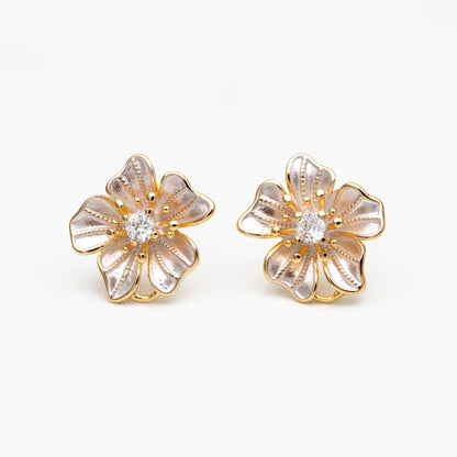 4pcs Gold/ Silver Tone Flower Earring with Loop, Gold/ Rhodium plated Brass, Floral Stud Earrings (GB-4282)