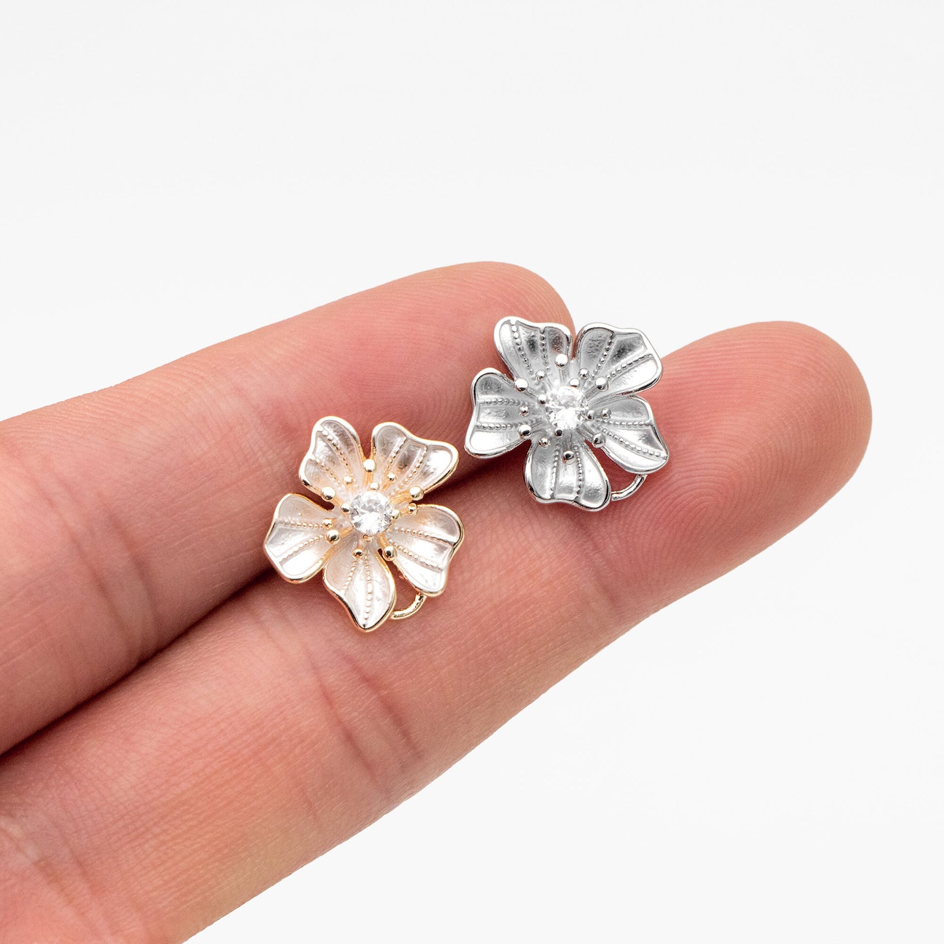 4pcs Gold/ Silver Tone Flower Earring with Loop, Gold/ Rhodium plated Brass, Floral Stud Earrings (GB-4282)