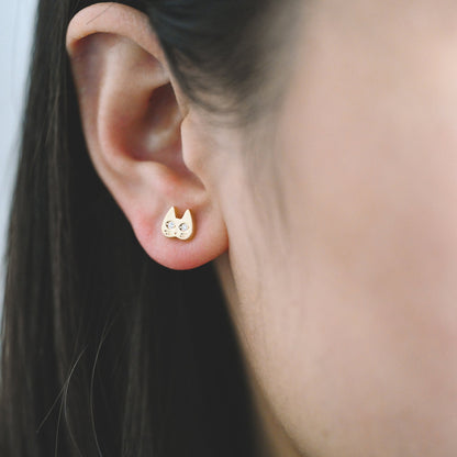 4pcs CZ Pave Gold Cat and Paw Asymmetry Earrings, Gold Plated Brass, Dainty Stud Earrings (GB-4096)