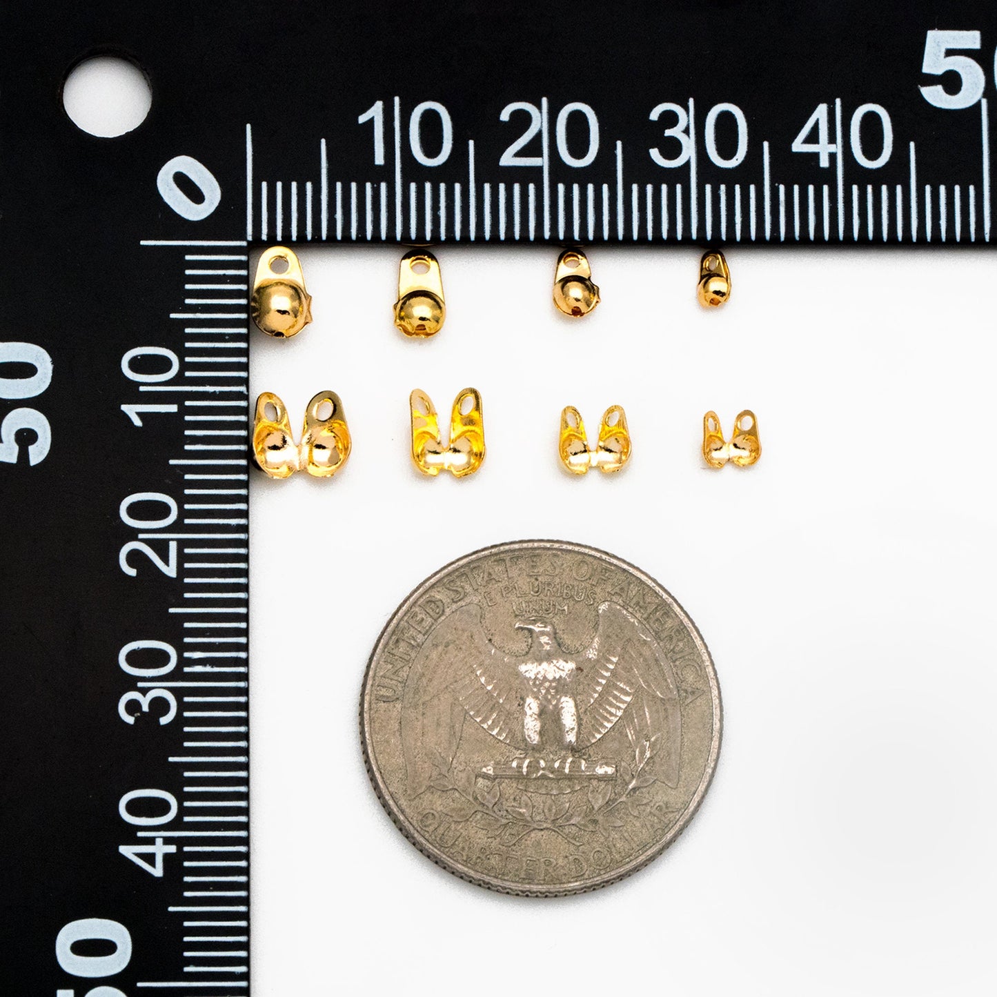 50pcs Gold/ Silver tone Side Clamp Bead Tips, Gold/ Rhodium plated Brass, Fit 1.5/ 2/ 2.5/ 3mm Beads, Multi Sizes (GB-134)