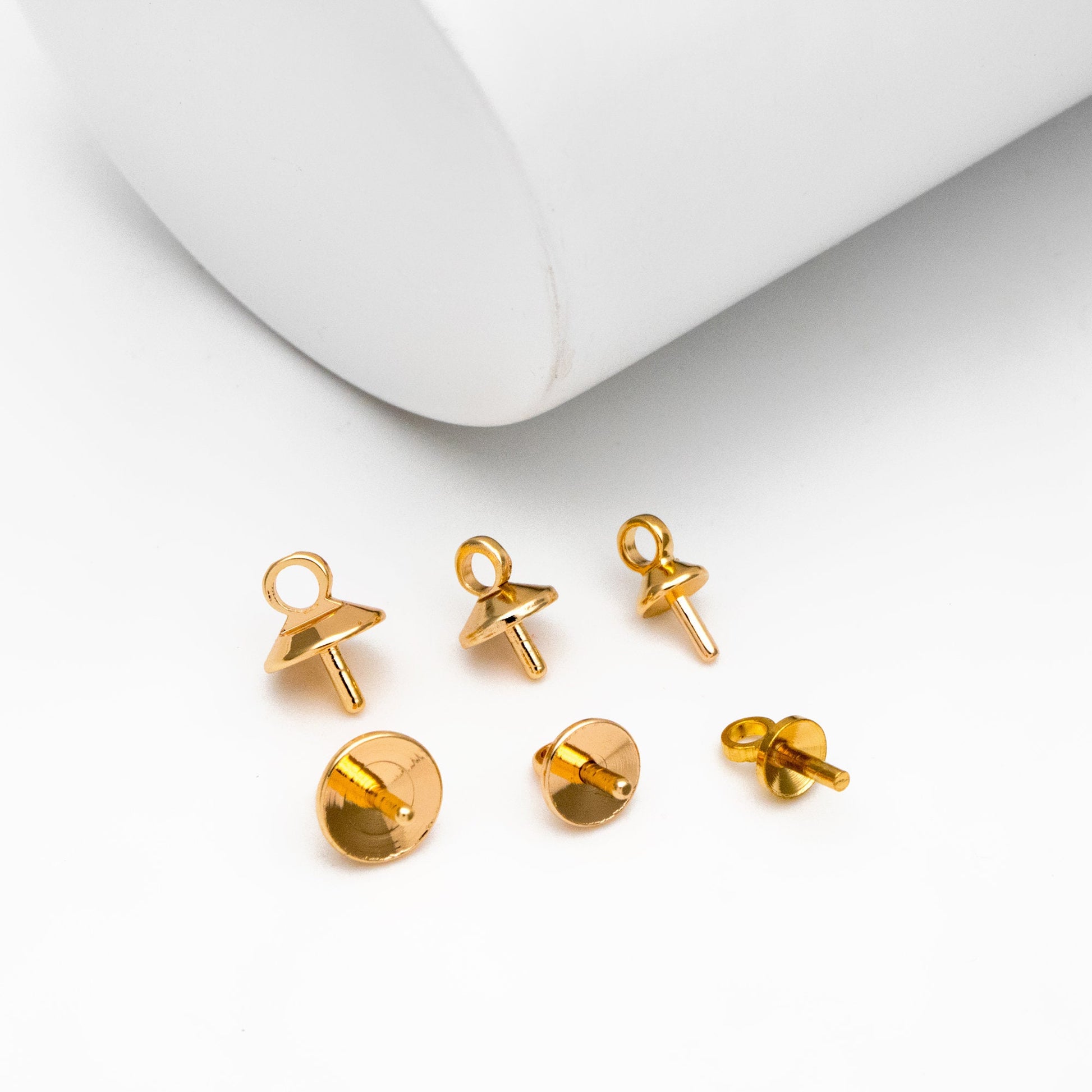 20pcs Gold plated Brass Peg Bail For Half Drilled Pearls Or Stones, Pearl Drop 4/ 5/ 6mm Cup (GB-135)