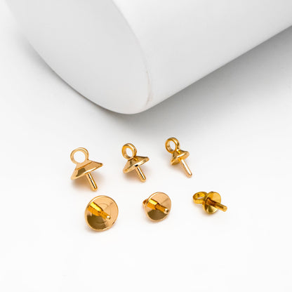 20pcs Gold plated Brass Peg Bail For Half Drilled Pearls Or Stones, Pearl Drop 4/ 5/ 6mm Cup (GB-135)